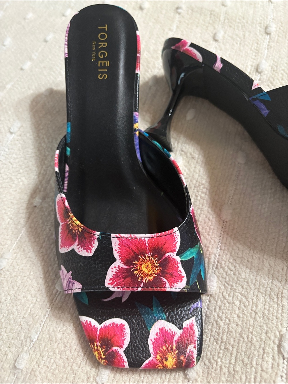Torgeis Black Floral Slide Mules with Pink Flower Print